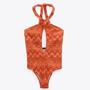 New Zara Retro Wave Print One Piece Halter Swimsuit Bodysuit 2856/228